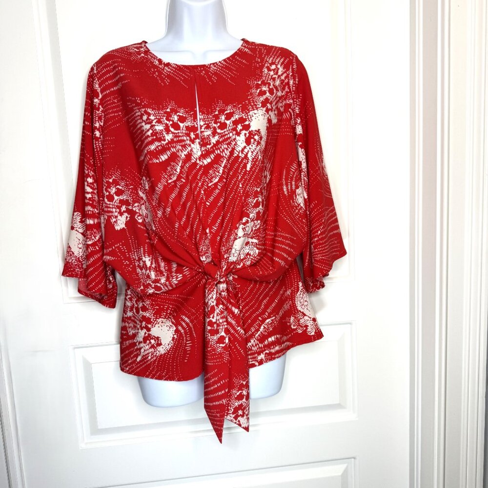 Chelsea28 Red Chinoise Tulip Sleeve Blouse Keyhole Tie Front | Medium
